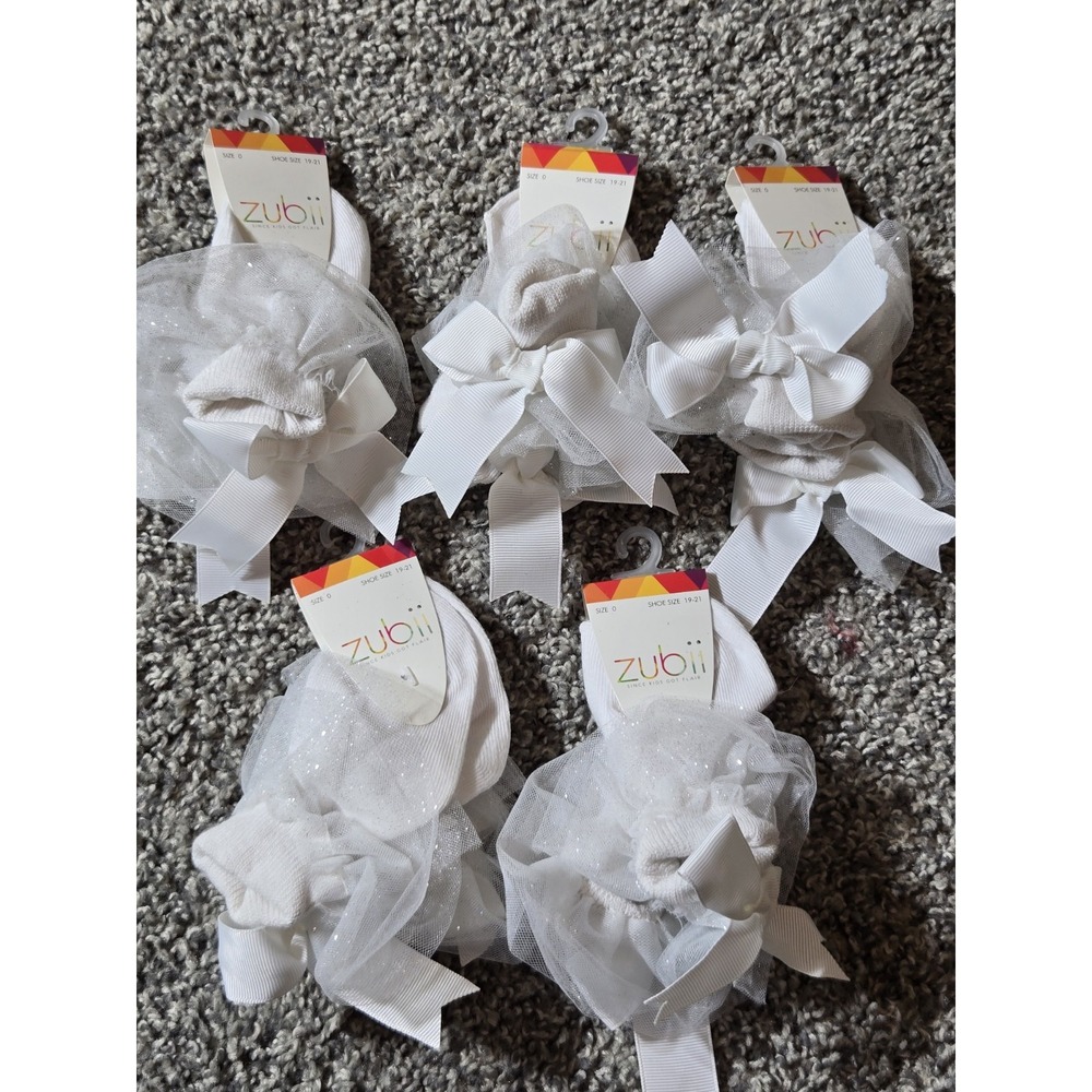 STOCKING STUFFER Zubii Girls‎ 5 Designer Dress Socks White Bow Shoe Sz 4T - 5.5
